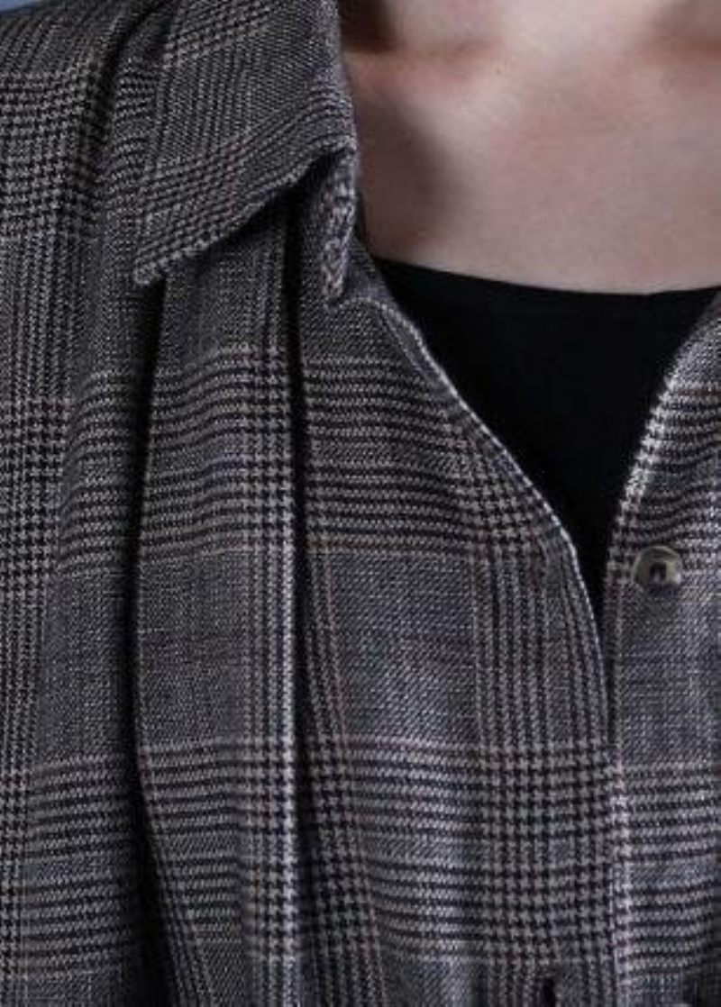 Lyxig Oversize Lång Vinterkappa Höstgrå Rutig Kappa Med Dragsko - Trenchcoats för kvinnor