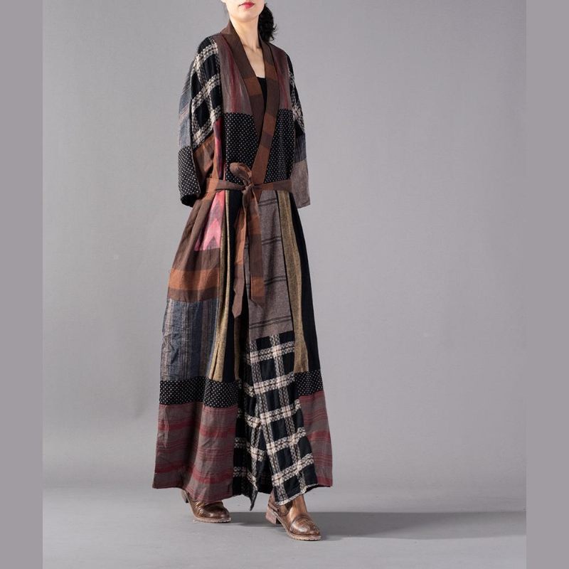 Lyxig Rutig Lång Kappa Plus Storlek V-ringad Säckig Trenchcoat Boutique Lapptäcke I Midja Och Långa Jackor - Trenchcoats för kvinnor