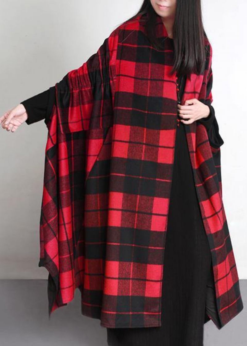 Lyxiga Plus Size-kläder Lång Vinterkappa Ytterkläder Röd Rutig Asymmetrisk Ullkappa - Ullrockar för kvinnor