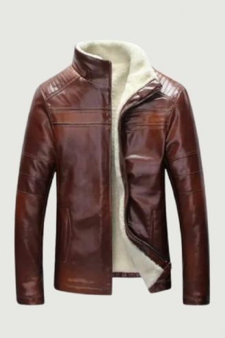 Män Vinter Tjock Fleece Läderjackor Kappor Man Casual Slim Fit Jackor Herr