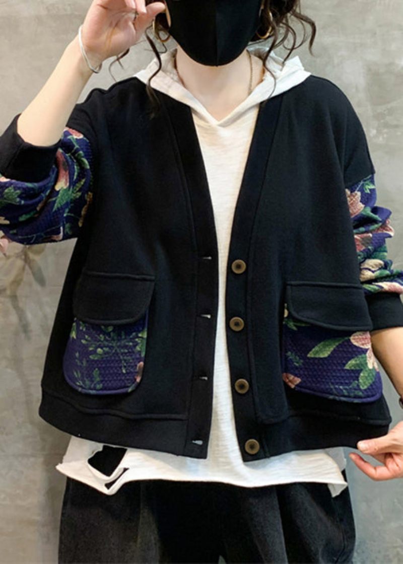 Marinblå Print Patchwork Varm Fleece Coat V Neck Långärmad - Vinterkappor för kvinnor