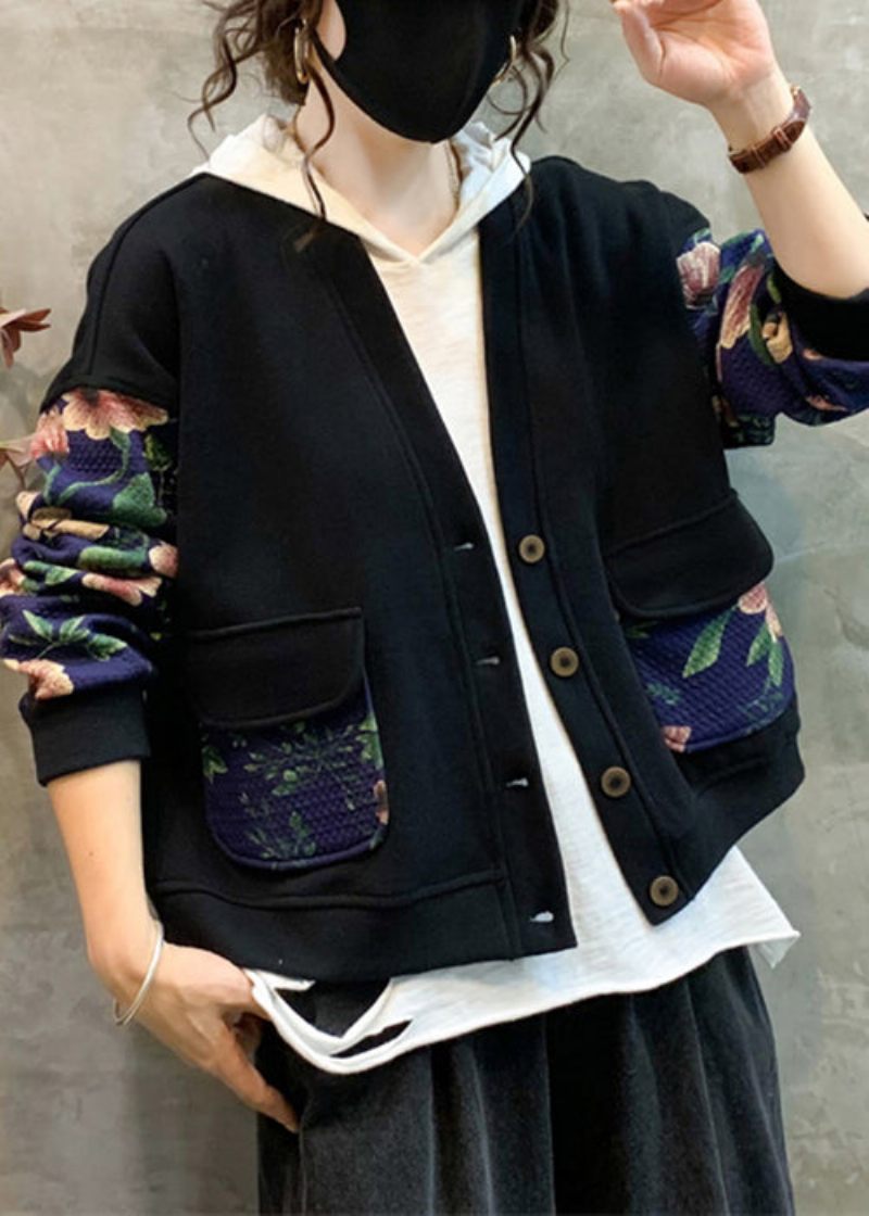 Marinblå Print Patchwork Varm Fleece Coat V Neck Långärmad - Vinterkappor för kvinnor
