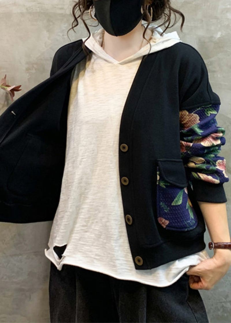 Marinblå Print Patchwork Varm Fleece Coat V Neck Långärmad - Vinterkappor för kvinnor