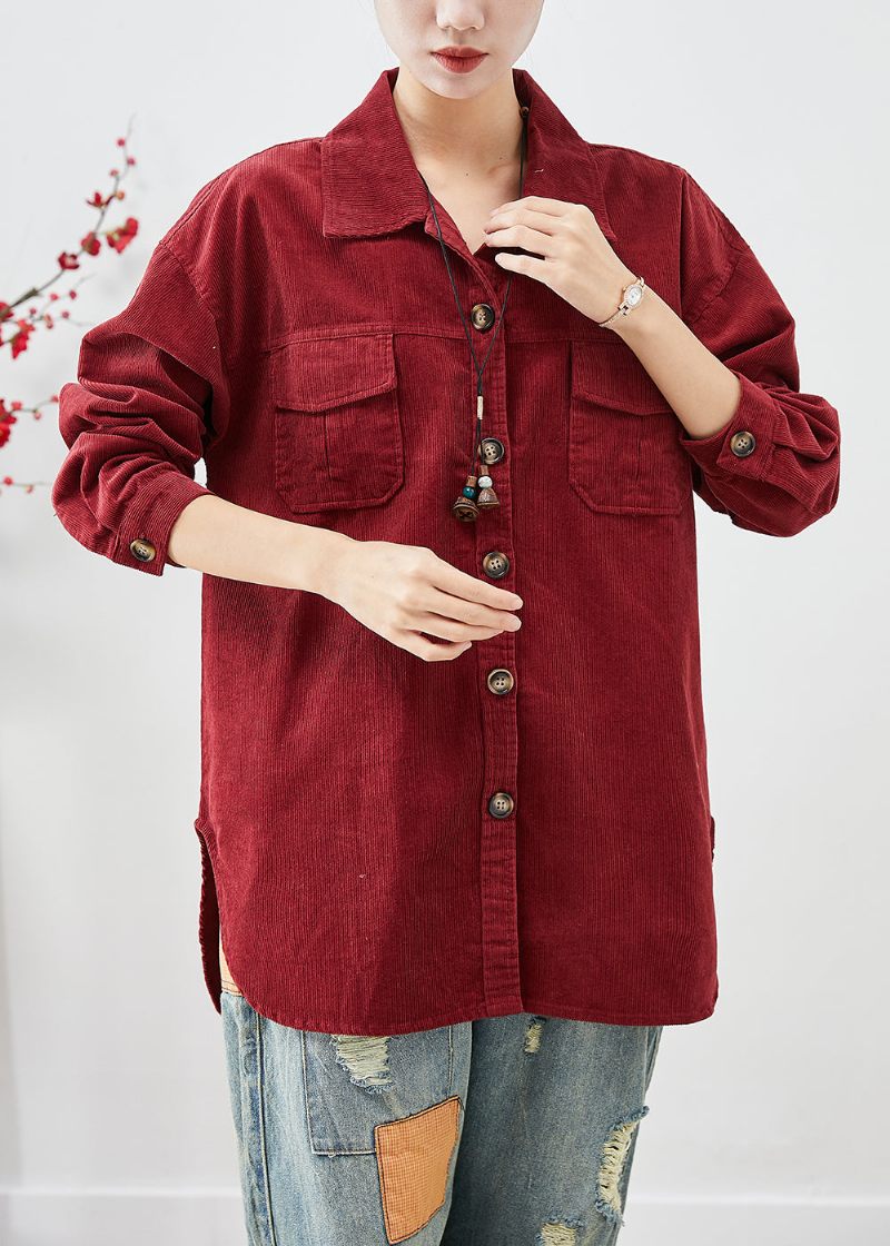 Matt Röd Manchesterskjorta Kappor Överdimensionerad Button Down Fall - Vinterkappor för kvinnor
