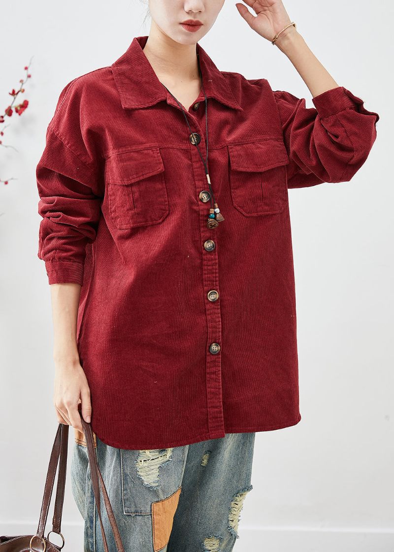 Matt Röd Manchesterskjorta Kappor Överdimensionerad Button Down Fall - Vinterkappor för kvinnor