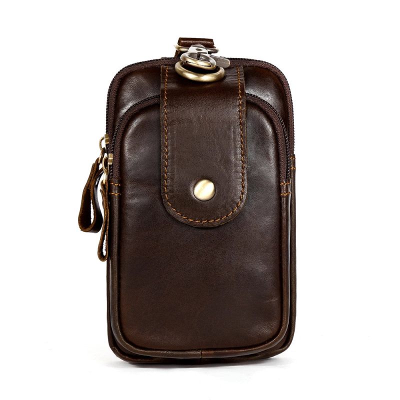 Midjeväska I Äkta Läder Fanny Pack Mobiltelefon Nyckelfodral Vintage Bum Bältesväska Krok Midjepaket - Svart