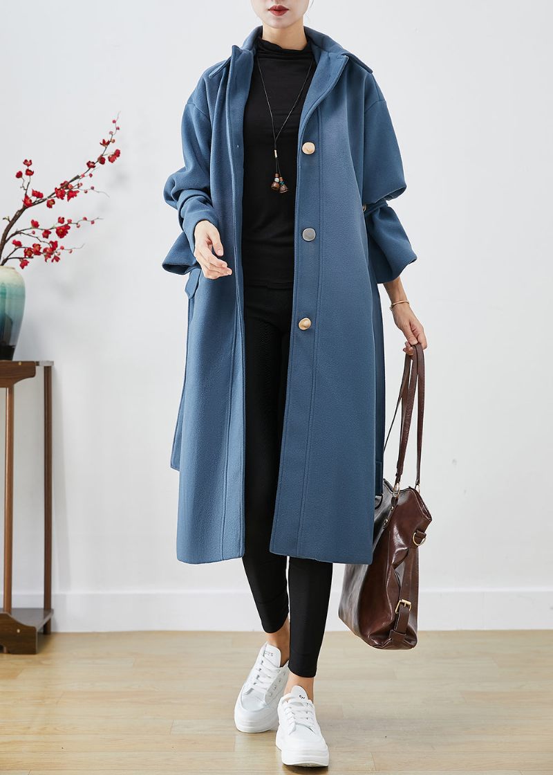 Mode Blå Grå Peter Pan Krage Tie Midja Ylle Trench Fall - Trenchcoats för kvinnor