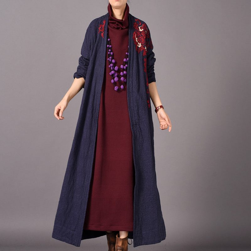 Mode Blå Maxikåpa Överdimensionerad Broderi Baggy Trenchcoat Ny Sida Öppen Kappa - Gul