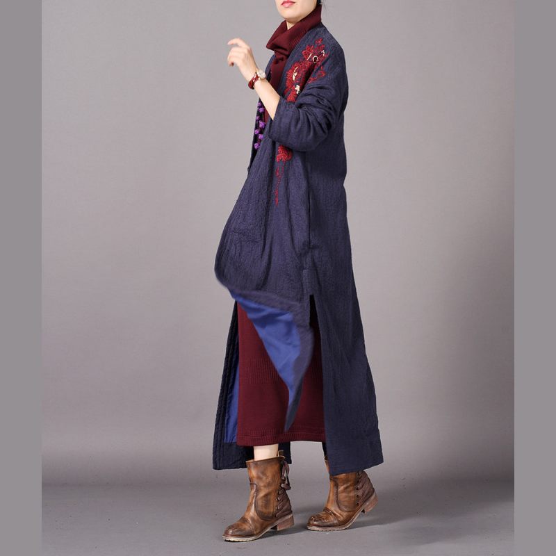 Mode Blå Maxikåpa Överdimensionerad Broderi Baggy Trenchcoat Ny Sida Öppen Kappa - Gul
