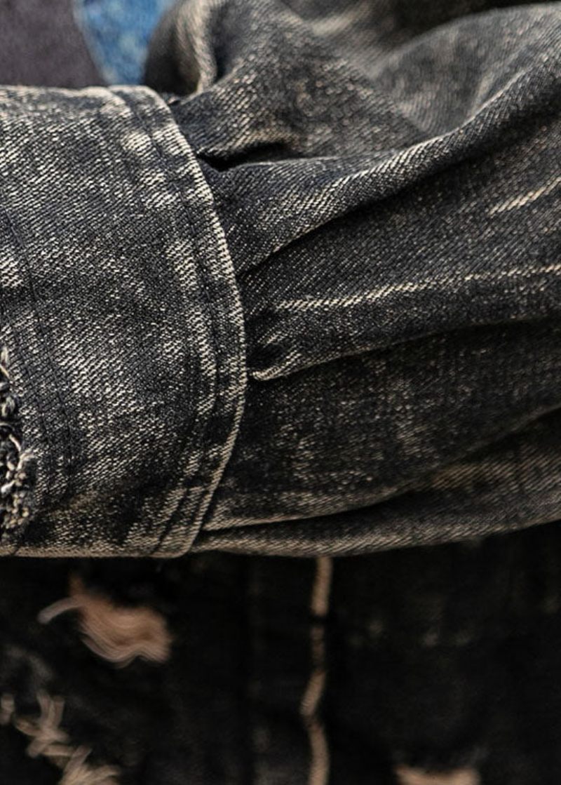 Mode Denim Lösa Patchwork Print Fickor Fall Långärmad Coat - Vinterkappor för kvinnor