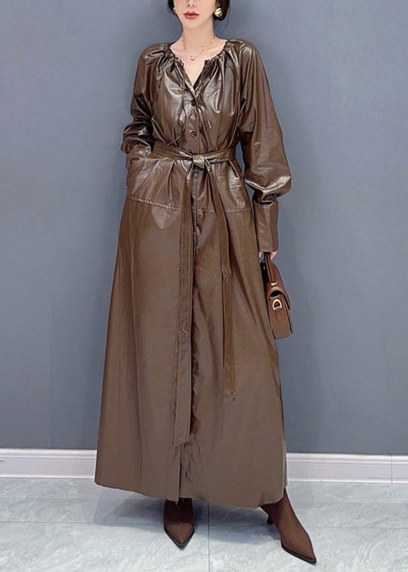 Mode Kaffe Dragsko Tie Midja Faux Läder Lång Trench Coat Fall