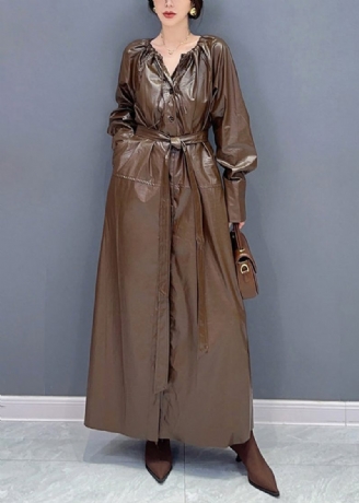 Mode Kaffe Dragsko Tie Midja Faux Läder Lång Trench Coat Fall