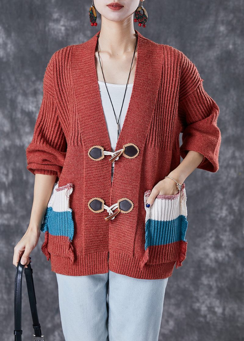 Mode Röda Oversized Patchwork-fickor Stickad Cardigan Fall