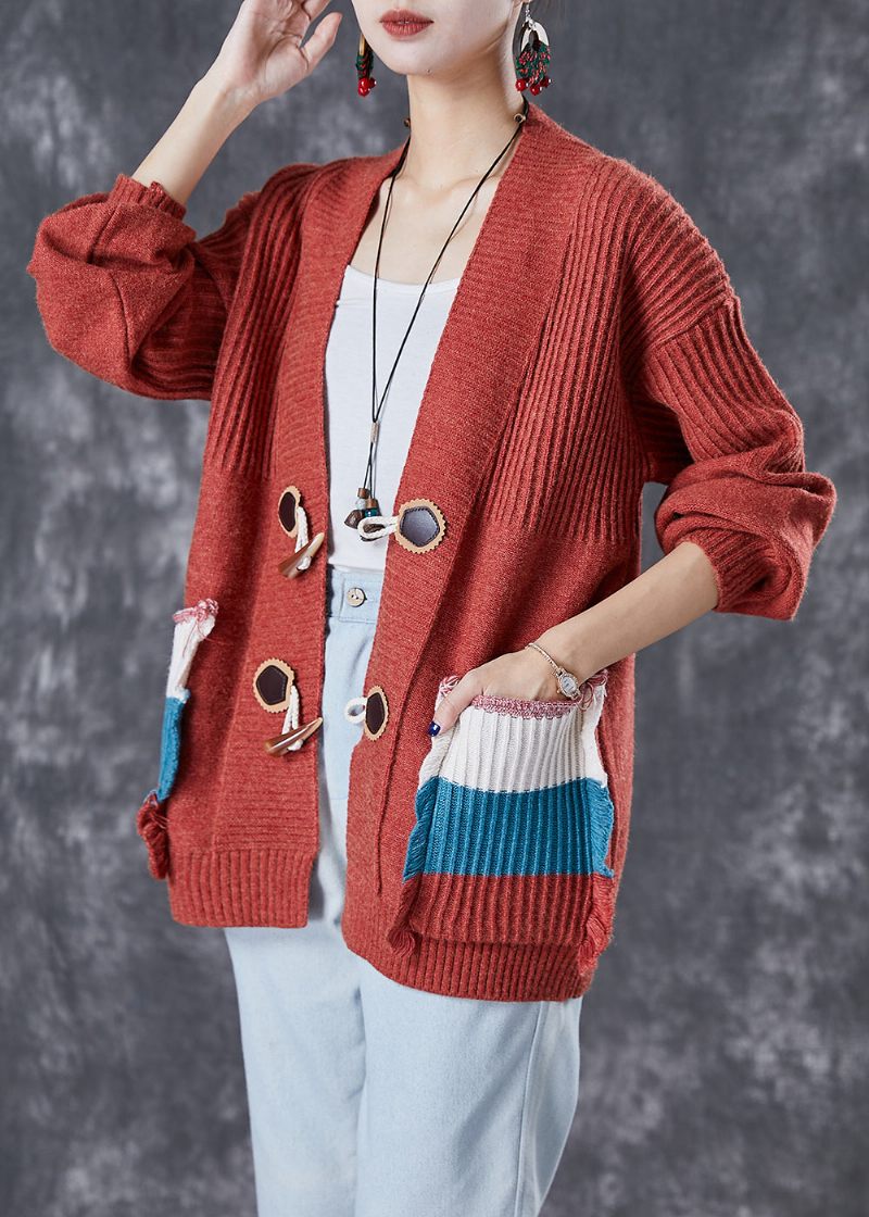 Mode Röda Oversized Patchwork-fickor Stickad Cardigan Fall - Koftor för kvinnor