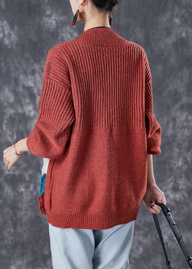 Mode Röda Oversized Patchwork-fickor Stickad Cardigan Fall - Koftor för kvinnor