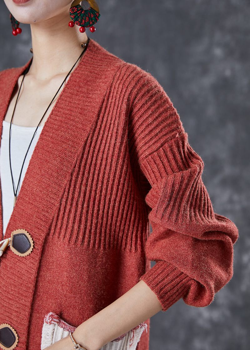 Mode Röda Oversized Patchwork-fickor Stickad Cardigan Fall - Koftor för kvinnor