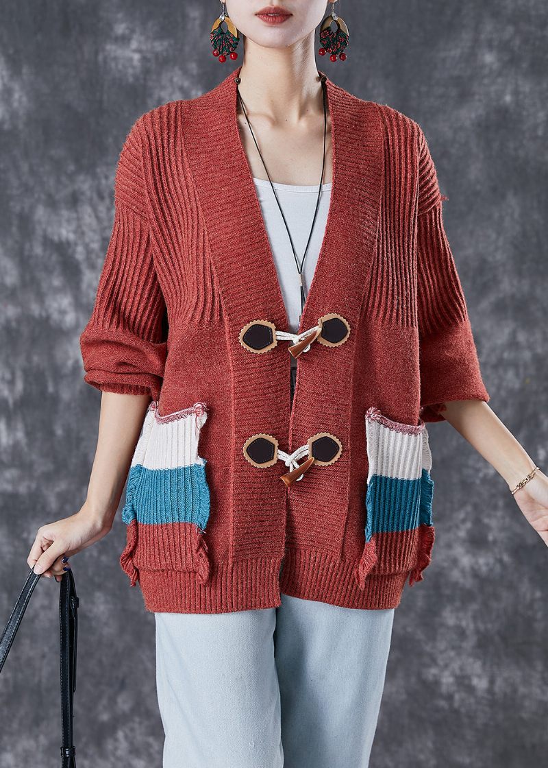 Mode Röda Oversized Patchwork-fickor Stickad Cardigan Fall - Koftor för kvinnor