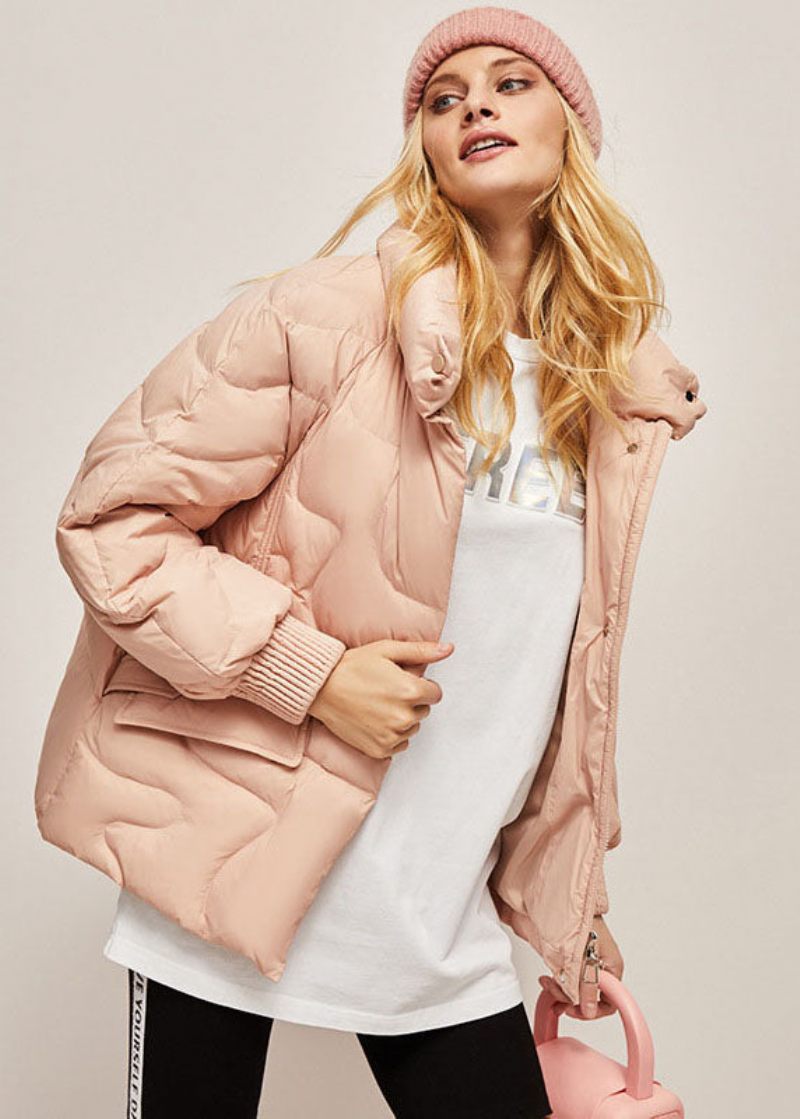 Mode Rosa Stativ Krage Blixtlås Lazy Duck Down Dunrockar Vinter - Rosa