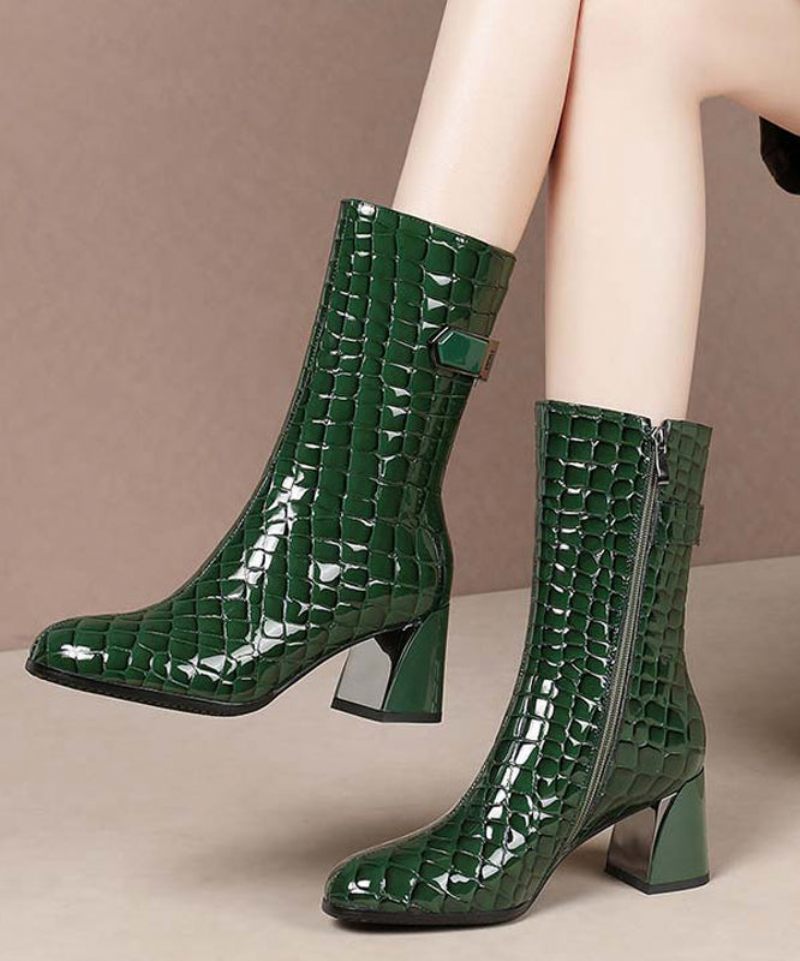 Mode Splicing Chunky Boots Grön Kohud Läder Fuzzy Wool Fodrad