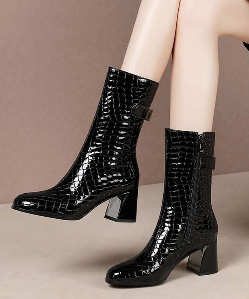 Mode Splicing Chunky Boots Grön Kohud Läder Fuzzy Wool Fodrad - Ullrockar för kvinnor