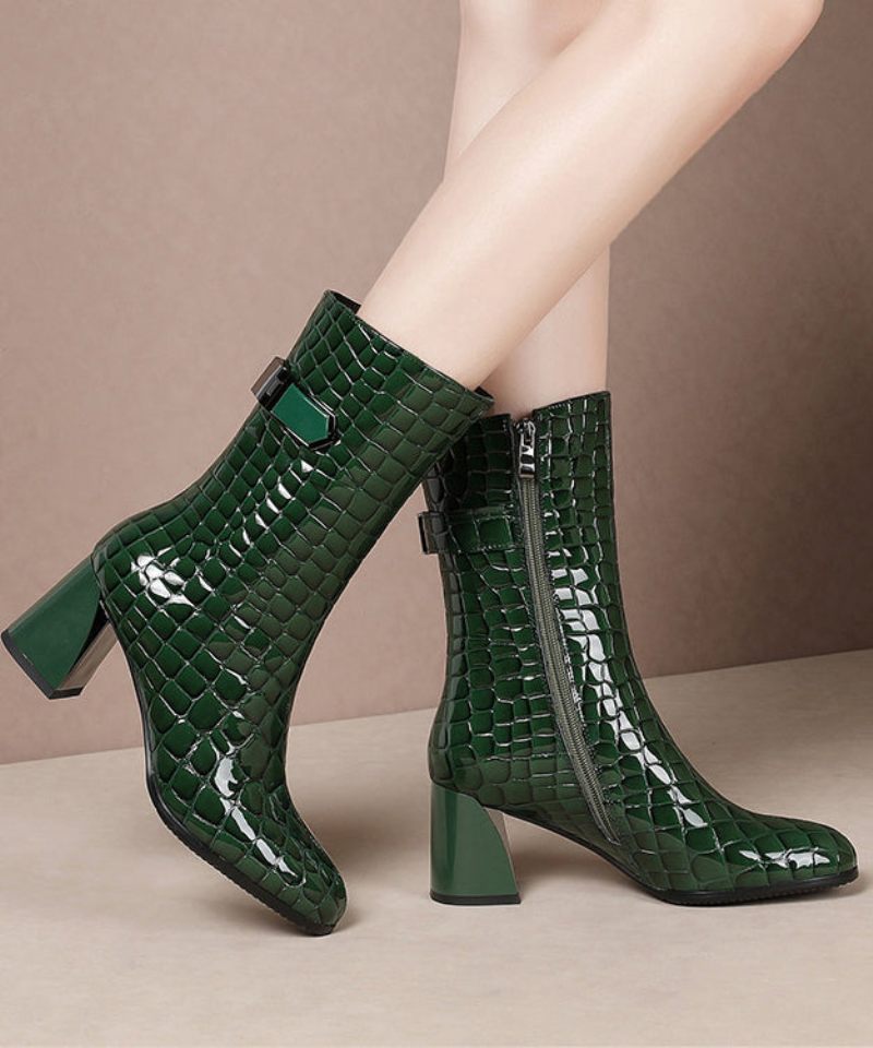 Mode Splicing Chunky Boots Grön Kohud Läder Fuzzy Wool Fodrad - Ullrockar för kvinnor