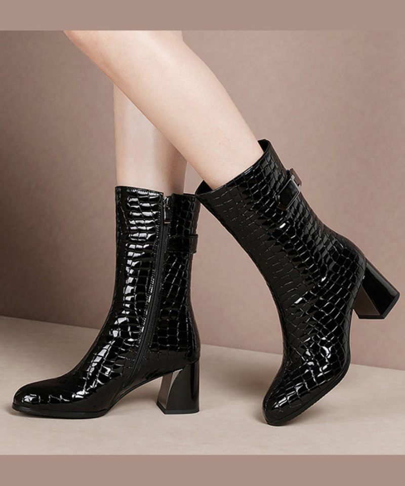 Mode Splicing Chunky Boots Grön Kohud Läder Fuzzy Wool Fodrad - Ullrockar för kvinnor