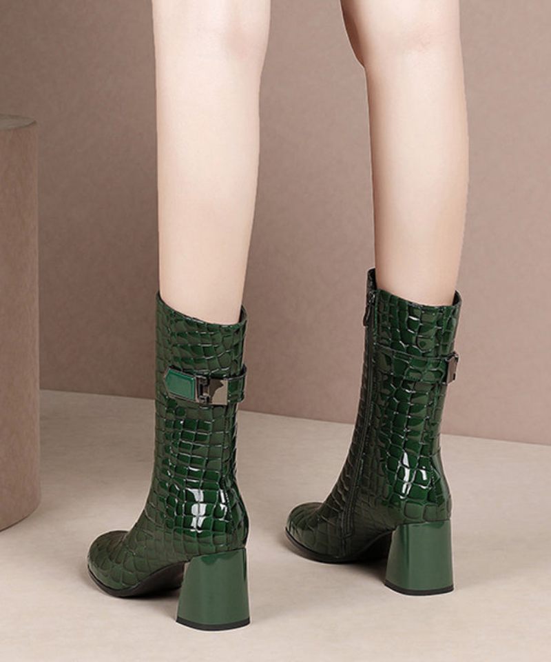 Mode Splicing Chunky Boots Grön Kohud Läder Fuzzy Wool Fodrad - Ullrockar för kvinnor