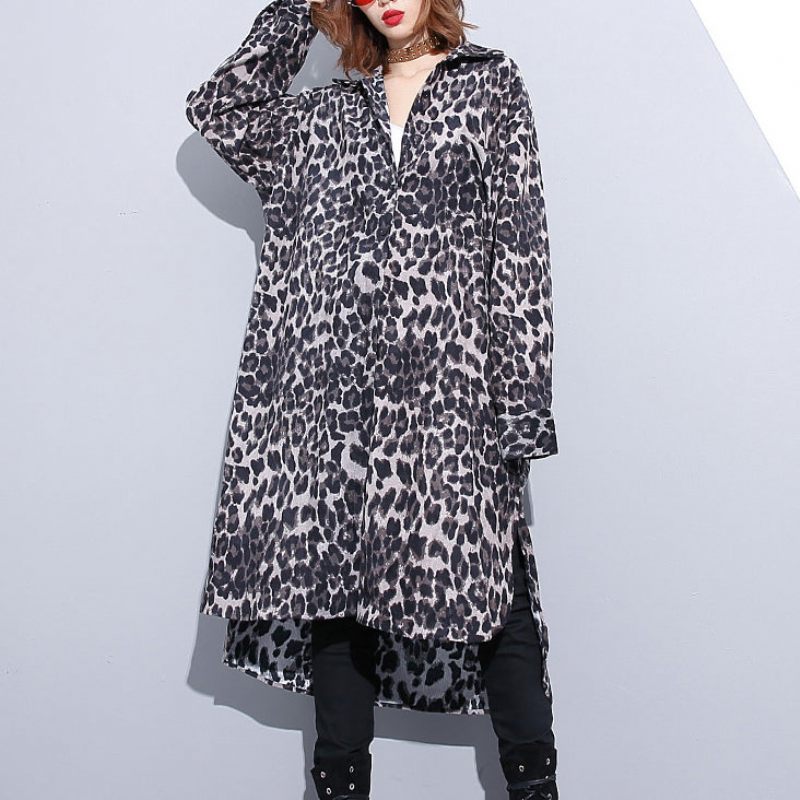 Mode Svart Leopard Plus Size Kappa Turn-down Krage Baggy Coat