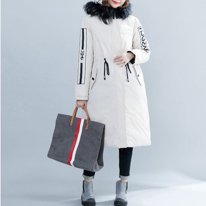 Mode Vit Parka Löst Sittande Huva Pälskrage Letter Quiltad Kappa Casual Knytband Midjefickor Bomullsrockar