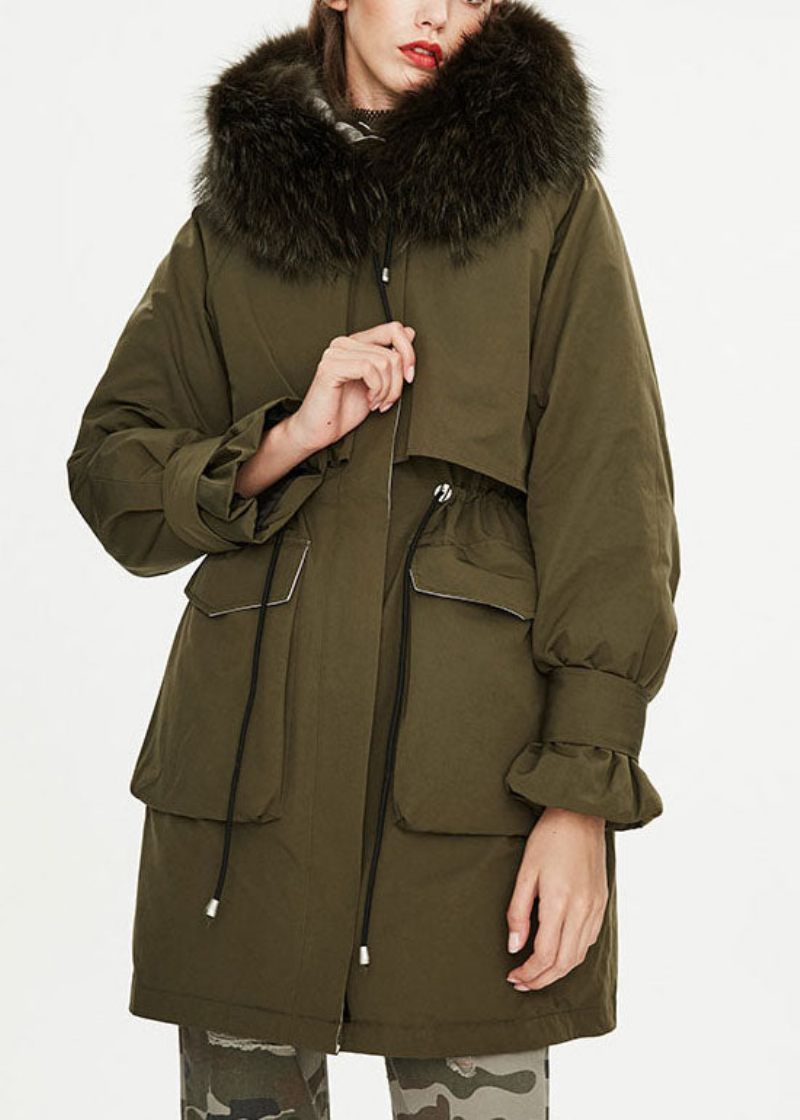 Modern Armégrön Pälskrage Fickor Knyt Midjan Winter Duck Down Puffer Coat - Dunjackor för kvinnor