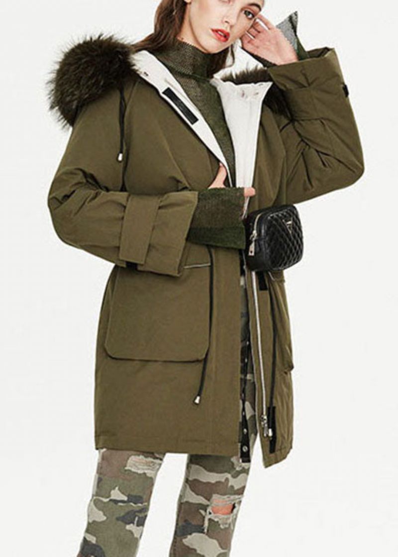 Modern Armégrön Pälskrage Fickor Knyt Midjan Winter Duck Down Puffer Coat - Dunjackor för kvinnor