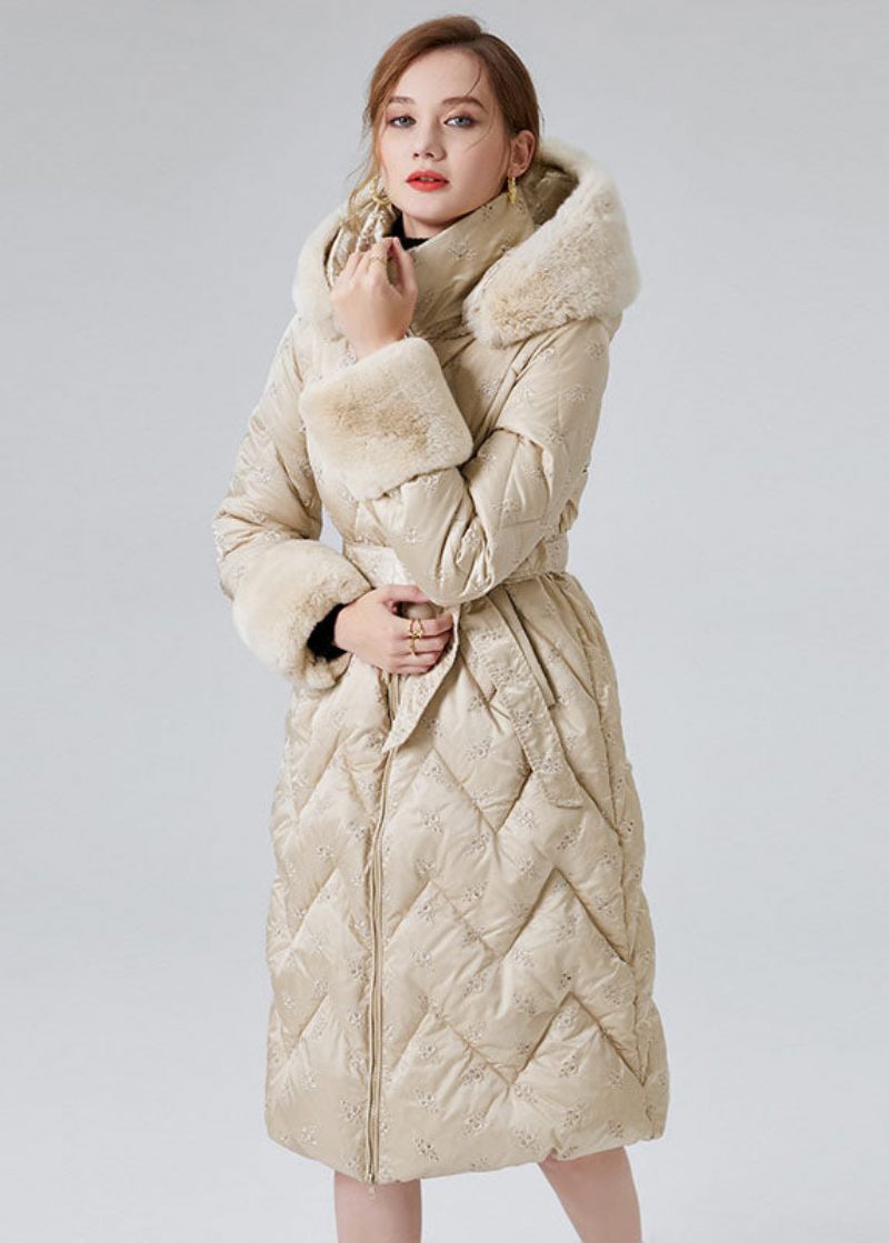 Modern Beige Hooded Kanin Hårkrage Duck Down Dunrockar Vinter