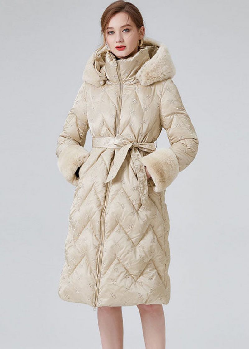 Modern Beige Hooded Kanin Hårkrage Duck Down Dunrockar Vinter - Dunjackor för kvinnor