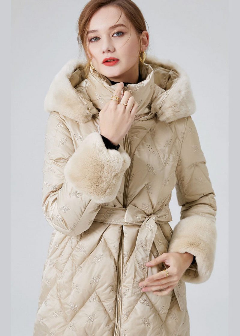 Modern Beige Hooded Kanin Hårkrage Duck Down Dunrockar Vinter - Dunjackor för kvinnor