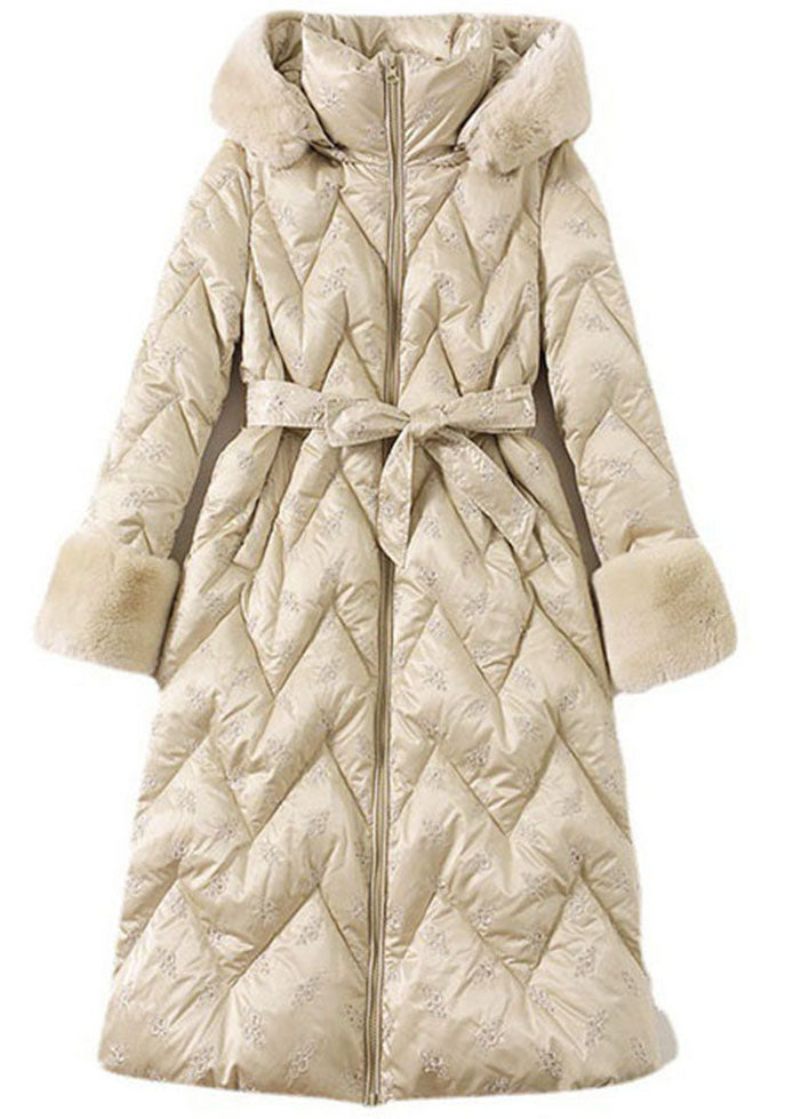 Modern Beige Hooded Kanin Hårkrage Duck Down Dunrockar Vinter - Dunjackor för kvinnor