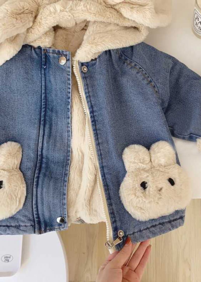 Modern Blå Huva Dragkedja Patchwork Varm Fleece Flickrock Långärmad - Vinterkappor för kvinnor