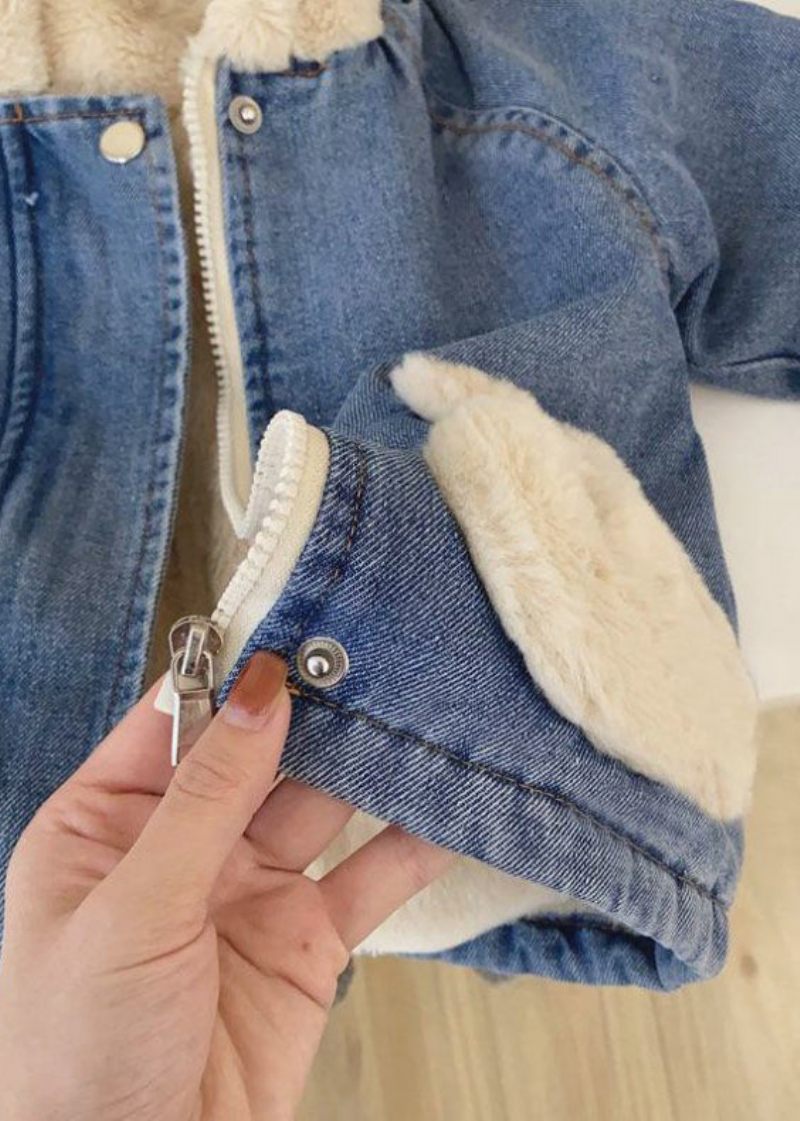 Modern Blå Huva Dragkedja Patchwork Varm Fleece Flickrock Långärmad - Vinterkappor för kvinnor