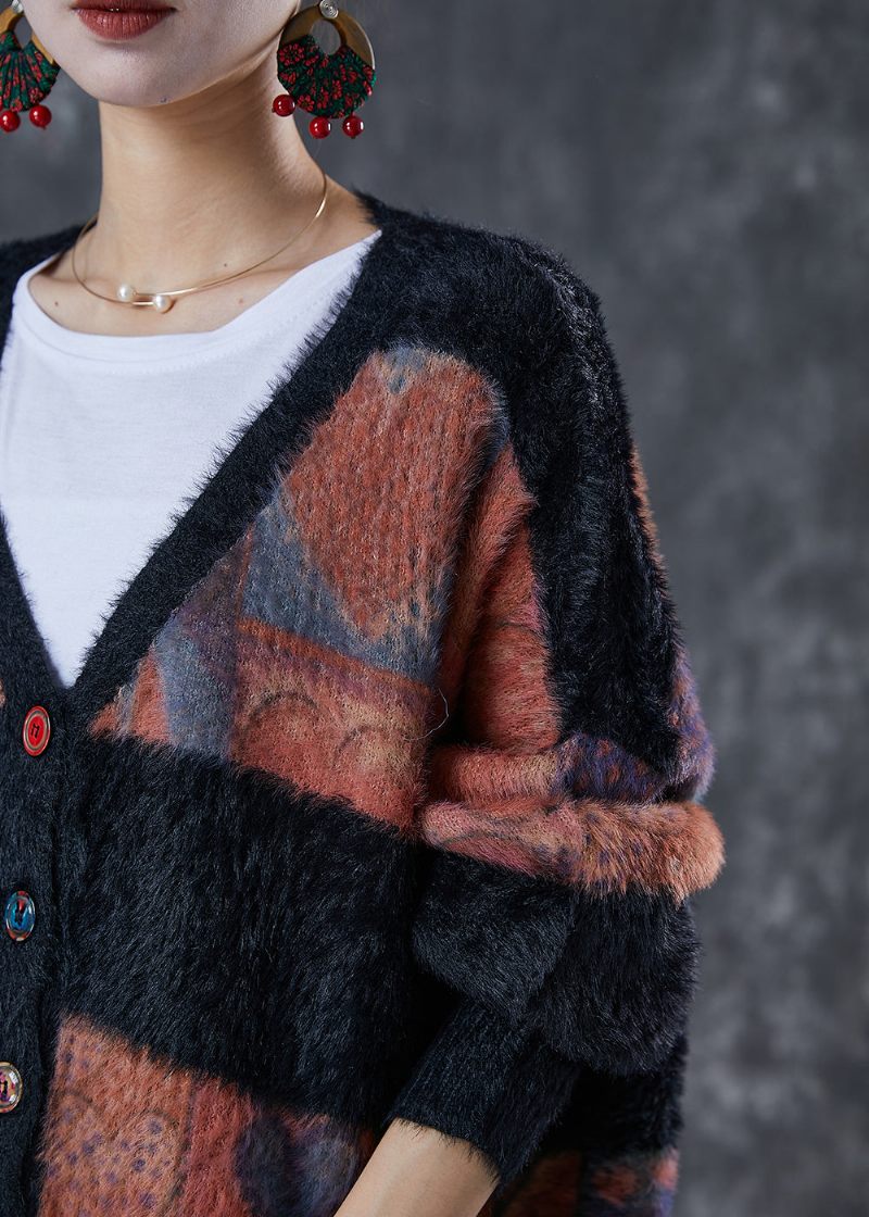 Modern Colorblock Oversized Tjock Mink Hår Stickad Cardigan Winter - Koftor för kvinnor