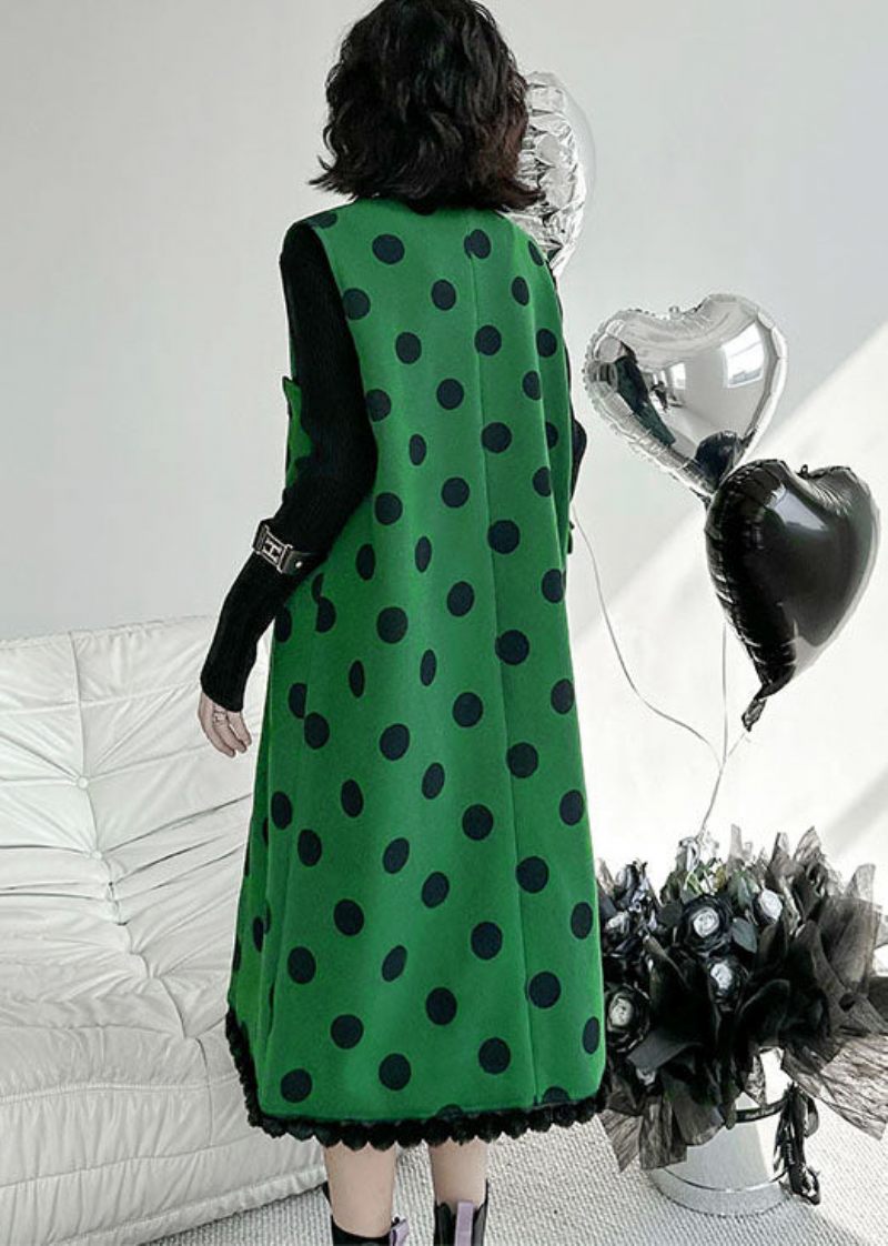 Modern Grön V-hals Patchwork Dot Print Ylle Lång Väst Ärmlös - Ullrockar för kvinnor