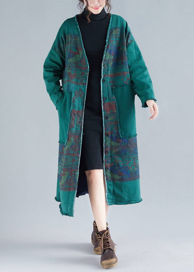 Modern Grön V-hals Patchwork Varm Fleece Lösa Cardigans Vinter