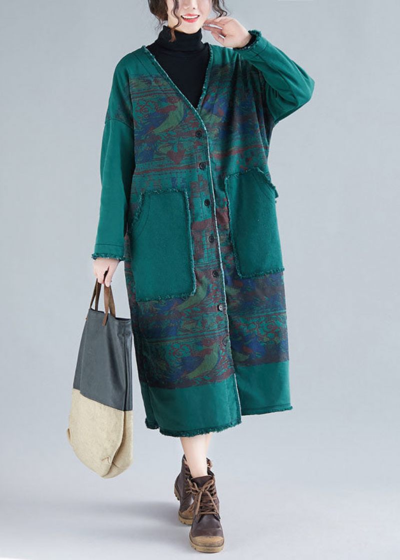 Modern Grön V-hals Patchwork Varm Fleece Lösa Cardigans Vinter - Koftor för kvinnor
