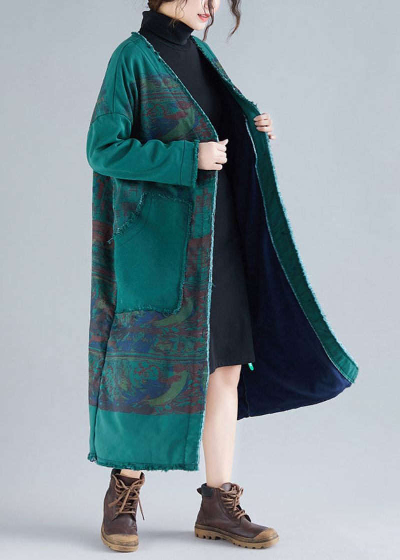 Modern Grön V-hals Patchwork Varm Fleece Lösa Cardigans Vinter - Koftor för kvinnor