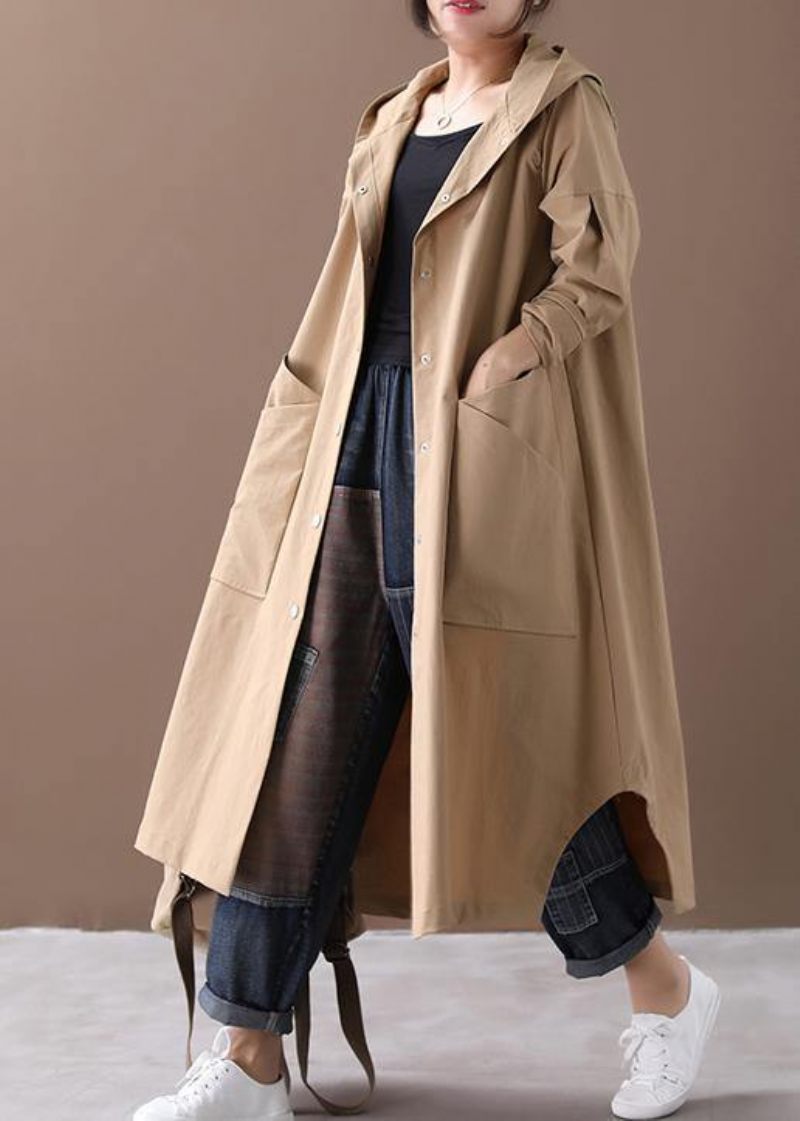 Modern Huva Stora Fickor Fina Kläder För Kvinnor Khaki Baggy Coat - Khaki