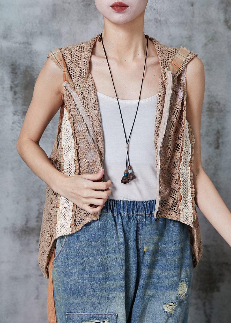 Modern Khaki Hooded Hollow Out Knit Cardigan Summer - Koftor för kvinnor