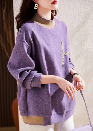 Modern Lila Half Hign Neck Nail Bead Patchwork Woolen Pullover Sweatshirt Fall
