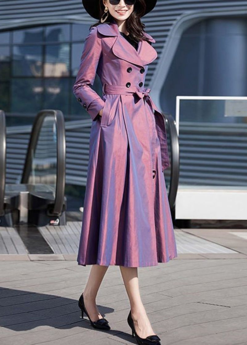 Modern Lila Slips Midjeknapp Bomull Lång Trenchcoat Långärmad - Trenchcoats för kvinnor