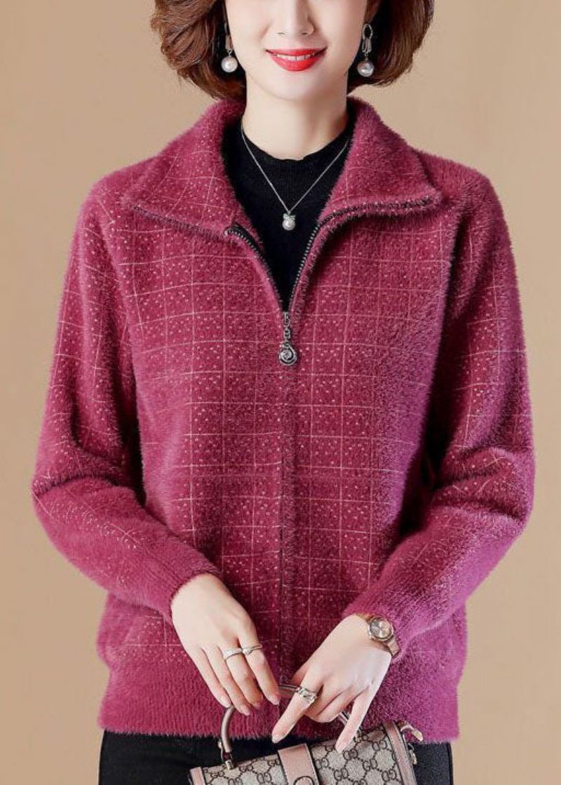 Modern Rose Peter Pan Krage Zip Up Mink Hair Stickade Jackor Långärmad