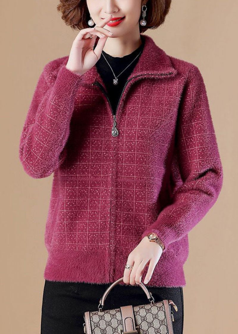 Modern Rose Peter Pan Krage Zip Up Mink Hair Stickade Jackor Långärmad - Rose