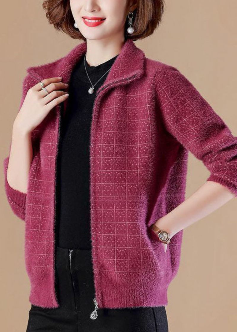 Modern Rose Peter Pan Krage Zip Up Mink Hair Stickade Jackor Långärmad - Rose