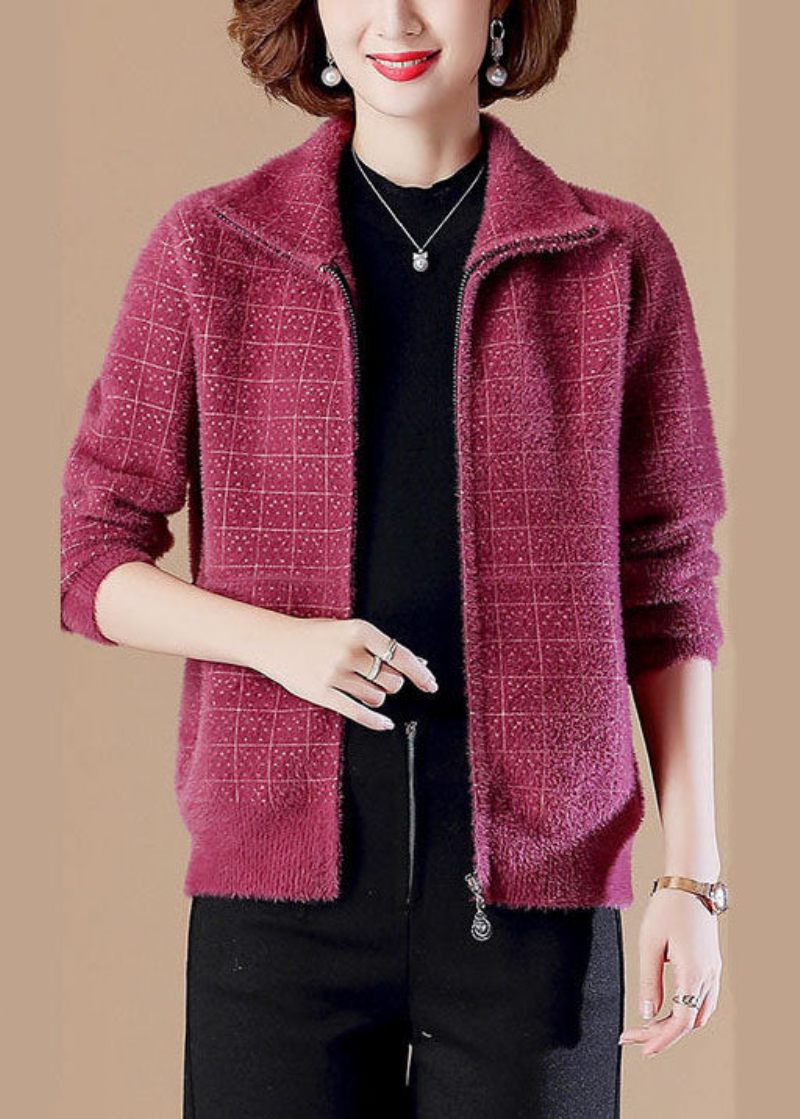 Modern Rose Peter Pan Krage Zip Up Mink Hair Stickade Jackor Långärmad - Rose